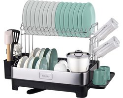 Rilenta® 2-laags Afdruiprek met Lekbak en Bestekhouder RVS - Afwasrek met Glazenhangers en Bekerhouder - Droogrek & Afwasbak voor Afwas - Keuken Organizer met Afvoer - Flessen Baby Droogrek - Babyfles - Metaal