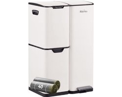 Rilenta Prullenbak Afvalscheiding 60 Liter met 3 Vakken & 40 Vuilniszakken - Pedaalemmer RVS Keuken - Vuilnisbak - Afvalbak - Vuilbak - Compostbak - Afvalemmer Kantoor & Flessen - Prullenbakken - Afvalscheidingprullenbakken - Licht Beige