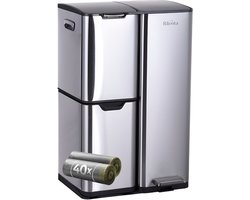 Rilenta Prullenbak Afvalscheiding 60 Liter met 3 Vakken - 40 Vuilniszakken - Vuilnisbak - Afvalbak - Vuilbak - Pedaalemmer - Compostbak - Afvalemmer Keuken, Kantoor & Flessen - Prullenbakken / Afvalscheidingprullenbakken / Vuilnisemmer - RVS - Zilver