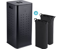 Rilenta Wasmand 70 Liter RVS - Met Deksel, Twee Vakken & 2 Waszakken - 2x 35 Liter Wassorteerder - 70 cm Hoog - Met Sorteerzakken - Dubbele, Smalle, Grote & Hoge Wasmand - Wasgoed - Wasmanden - Wasbox - Was Sorteren - Laundry Basket - Cadeau - Zwart