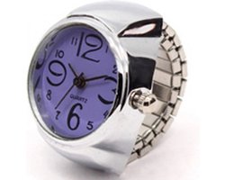 Ring horloge rekbaar - zilverkleurig - paars - 2 cm dial - one size