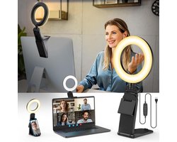 Ringlamp LED Video Verlichting - 5 Inch Streaming Licht met Statief & Telefoonhouder - 3 Lichtkleuren + 10 Helderheidsniveaus - 360° Draaibare Verlichting voor Video Conferentie, Laptop & PC
