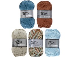 Rio katoengaren pakket - Rio multi blauw/bruin en Rio uni kleuren - 10 bollen van 50 gram - pendikte 3 - 3,5 mm