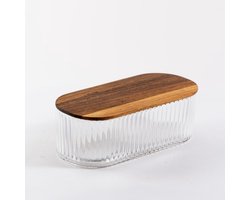Ripple glazen bewaardoos met acacia houten deksel - ovaal - M