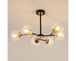 Riserva Hanglamp modern minimalistisch vertakt, matzwart + Frans goud, 6‑lichts E27 fitting max 60W zonder lamp, glazen kap Ø13cm, D72cm, voor woonkamer slaapkamer eetkamer