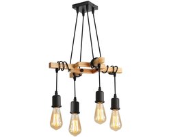 Riserva Industriële Hanglamp Hout Zwart - 4x E27 - Vintage Houten Hanglamp - Verstelbare Pendellamp voor Eettafel, Woonkamer en Keuken