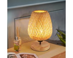Riserva Kegelvormige Rotan Tafellamp Lichtgeel Retro Landelijk Stijl Met Houten Voet E27 Max 60W 220V Zonder Lamp Met Drukknopschakelaar