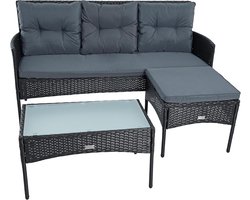 Riviera Comfort Polyrattan Loungeset 3-Zits met Tafel en Hocker Zwart Antraciet Kussens Weerbestendige Tuinset Balkon Terras Tuinmeubelen