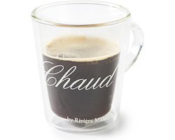 Riviera Maison dubbelwandig theeglas, koffieglas met tekst - Maat M - 220 ML - 1 stuk, Vaatwasserbestendig - C'est Chaud Mug - Transparant - Glas