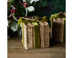 Rivièra Maison Kerstdecoratie S – Rattan Geschenkdoos met Groen Lint – Luxe Kerst Accessoire – Natuurlijke Kerstsfeer