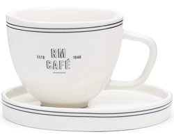 Riviera Maison Kop En Schotel Wit porselein voor koffiemok of cappuccino kop - Long Island mok met oor 300 ml
