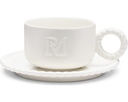 Riviera Maison Kop En Schotel Wit porselein voor koffiemok of cappuccino kop - RM Elegant mok met oor 200 ml