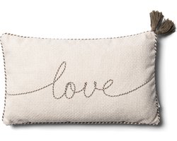 Riviera Maison Kussenhoes 50x30 Beige met geborduurde tekst en bruine cloches - With Love sierkussen rechthoek