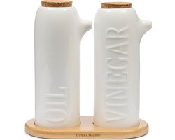 Riviera Maison Olie en Azijn Set Wit - Oleum Oliefles met Tekst - Porselein - (LxBxH) 18x9.5x19