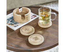 Riviera Maison Onderzetters hout met houder 4 stuks - RM Isola ronde onderzetters voor glazen