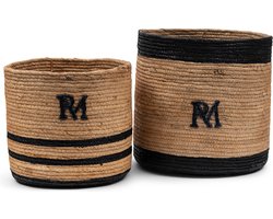 Riviera Maison Opbergmanden Naturel - Striped Monogram Rieten Manden Set - Bananenblad (ØxH) 30x30.5