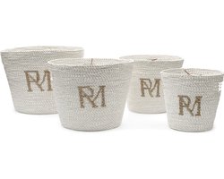 Riviera Maison Opbergmanden riet Wit en rond 4 stuks - RM Monogram decoratieve mand met RM logo