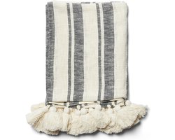 Riviera Maison Plaid, Decoratief Zomer Deken Horizontale streep en kwastjes - RM Honesta Throw - Wit - Katoen 170x130 CM