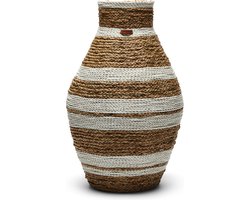 Riviera Maison Rieten vaas, rond met streep - RM Emelisse Vase - Bruin / Wit - Sea Grass, Raffia - Maat L
