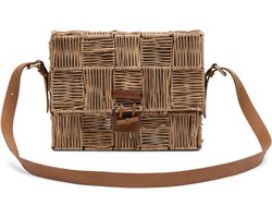 Riviera Maison Rustic Rattan Block Weave Handbag - Rattan, Leer - Naturel - 28.0x6.0x24.0 cm