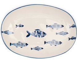Riviera Maison Serveerbord ovaal, vissenprint Blauw, Wit - Como Catch Ovaal bord - Aardewerk