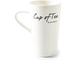 Riviera Maison theemok met oor, theebeker met tekst 440 ml - 1 stuk, Vaatwasserbestendig - Classic Cup of Tea Mug - Wit - Porselein