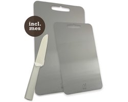 Rivoya Snijplankenset 2 stuks - Incl Mes - Titanium Gestabiliseerd RVS - Cutting board - Chopping board - PFAS vrij & Antibacterieel - Vaatwasserbestendig - 29x20cm & 25x15cm
