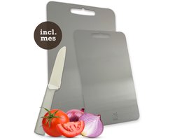 Rivoya Snijplankenset 2 stuks - Incl Mes - Titanium Gestabiliseerd RVS - Cutting board - PFAS vrij & Antibacterieel - Vaatwasserbestendig - Set van 2 - 29x20cm & 25x15cm