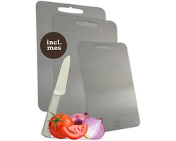 Rivoya Snijplankenset 3 stuks - Incl Mes - Titanium Gestabiliseerd RVS - Cutting board - PFAS vrij & Antibacterieel - Vaatwasserbestendig - Set van 3 - 34x23cm & 29x20cm & 25x15cm