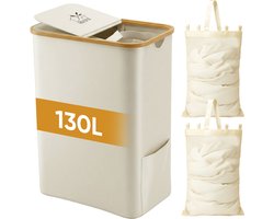 Rivoya Wasmand 2 Vakken - Wassorteerder - 130L - Met 2 Uitneembare Zakken - Wasmand met deksel - Laundry basket - Waszak - Beige - Knopen