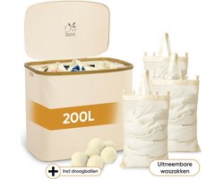 Rivoya Wasmand 3 Vakken - Wassorteerder - XXL 200L - Met 3 Uitneembare Zakken - Wasmand met deksel - Laundry basket - Extra grote capaciteit - Waszak - Wasbox - Beige - incl Drogerballen