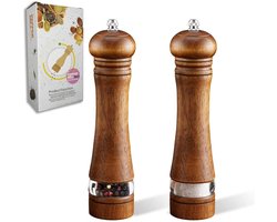 Rivv® Houten Peper & Zoutmolen Set - 2-delige Pepermolen & Zoutmolen - Premium Handmatige Kruidenmolens met Doorzichtig Venster - 20 cm - Hout & RVS Maalschijf