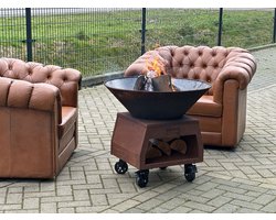 RJRoyal Living BBQ Plancha Grill Brasero Vuurschaal Cortenstaal met grote wielen en houtopslag Ø75cm vuurkorf tuinhaard