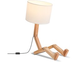 Robot Tafellamp van Massief Hout - Verstelbare Armen & Poten - Stoffen Lampenkap - E27 Fitting - 47 cm Hoog - Max. 40W - Tafellamp voor Kinderkamer, Slaapkamer, Woonkamer & Bureau