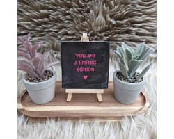 Robuust Wenstegeltje – You Are a Limited Edition – Hip trendy tegeltje – Uniek Cadeau voor Vriendin, Zus of Collega – Stoer & Stijlvol Woonaccessoire - Zomaar - Afscheid - Pensioen – Trendy nu – Decoratief Tegeltje met Standaard – Cadeau Idee