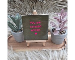 Robuust Wenstegeltje – You Are a Limited Edition – Hip trendy tegeltje – Uniek Cadeau voor Vriendin, Zus of Collega – Stoer & Stijlvol Woonaccessoire - Zomaar - Afscheid - Pensioen – Trendy nu – Decoratief Tegeltje met Standaard – Cadeau Idee