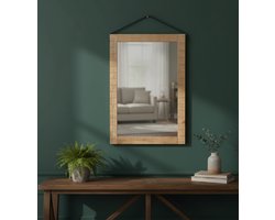 Robuuste Mangohouten Spiegel 70x100 cm met Cognac Lederen Band – Stoere Rechthoekige Wandspiegel | Altameubel