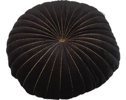 Rocaflor Kussen Rond Velours Fluweel Zwart met goud stiksel dubbelzijdig ø40cm