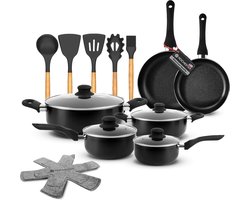 Rochester 18-delige Pannenset met Deksels - Set met 6 PFAS-vrije Kookpotten, Koekenpannen & Steelpannen - Koekenpannenset - Kookpottenset - Inductie - Aluminium - Zwart