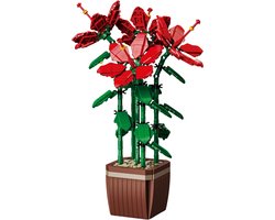Rode Hibiscus bloemen boeket bouwset | Botanical collection modelbouw | DIY speelgoed bouwpakketten kunstbloemen met vaas voor volwassenen & kinderen | Bloemenpracht kunstplant decoratie | Bouwdoos met 876 bouwstenen
