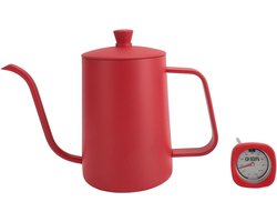 Rode Koffiekan 600ml voor Handmatig Opschenken - Roestvrijstalen Waterketel met Thermometer