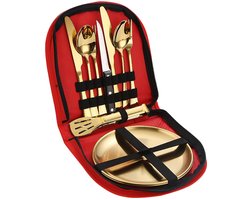 Rode stoffen tas, gouden roestvrijstalen outdoor bestekset, perfect voor kamperen, steakmes, vork en lepel, tiendelig.