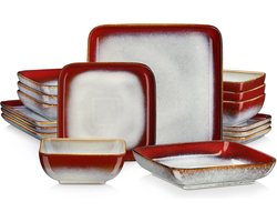 Rode Vierkante Keramische Serviesset - 16-delig - Servies voor 4 Personen - Duurzaam en Elegant