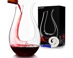 Rode wijn decanteerder, wijnkaraf rode wijn, loodvrije wijnkaraf, wijnkaraf van kristalglas, 1,5 l wijnkaraf, U-vormige wijnkaraf, decanteerder met gratis reinigingsborstel