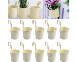 Roellgs 10cm Metal Hanging Indoor Flower Pot 10pcs Round Metal Iron Buckets with Removable Hooks and Drainage Holes, Small Hanging Herb Planter for Railing Fence Outdoor Balcony Garden