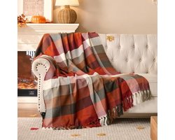 Roest geruite deken | Zachte herfst plaid voor bank en bed | Lichtgewicht acryl en kasjmier | Perfect voor woondecoratie