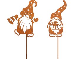 Roestige metalen kabouters kerstversiering, decoratie voor buiten in de tuin, tuinprikker, tuindecoratie, natuurlijke roestpatina