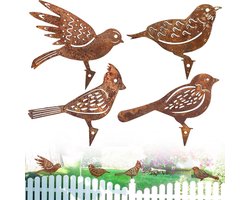 Roestige vogels tuindecoratie - set van 4 - bruin - metaal