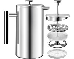 Roestvrij-staal FRENCH PRESS koffiezetapparaat 34oz - Dubbelwandige geïsoleerde cafetière met 3 niveau filtersysteem - 1.0 liter - EXTRA filter Coffee Strainer
