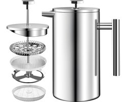 Roestvrij staal FRENCH PRESS/Franse Pers Koffiezetapparaat 34oz (1.0 Liter) met 3 Niveau Filtersysteem - Dubbelwandige Geïsoleerde Cafetière met 1 Extra Filter (Zilver)